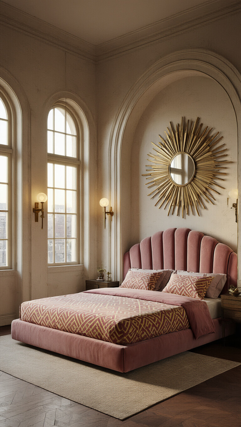 Art Deco bedroom with curved archway, king bed with dusty rose velvet headboard, pink and gold geometric bedding, brass sconces, sunburst mirror, and golden hour lighting through vintage windows.