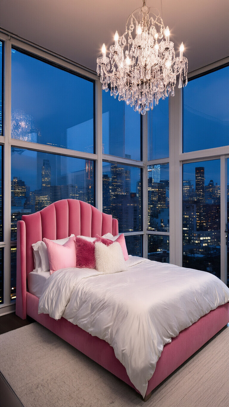 Glamorous penthouse bedroom with floor-to-ceiling windows, city lights, pink velvet headboard on California king bed, white silk bedding, crystal chandelier, and evening ambiance.