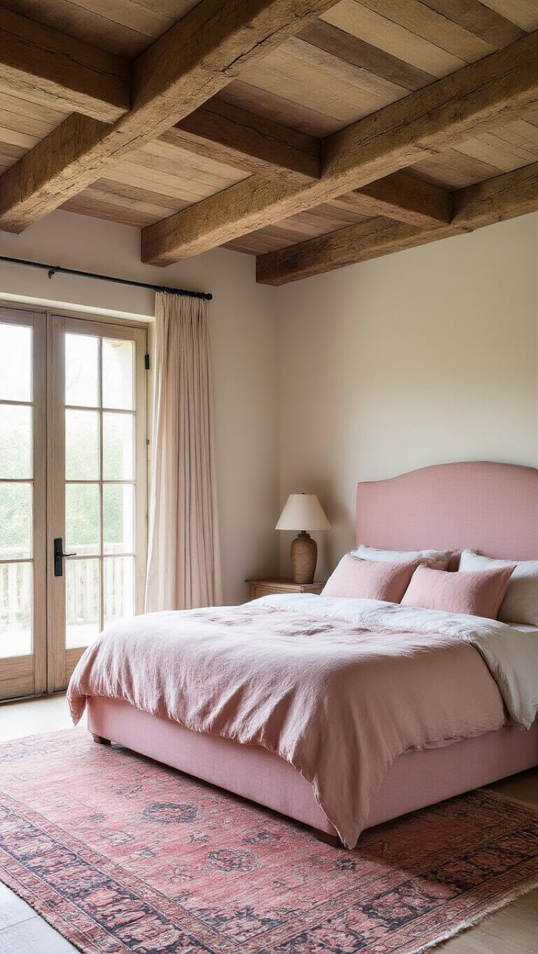Rustic modern bedroom with exposed wooden beams, pink bedding, vintage rose-toned Persian rug, and late morning light streaming through French doors.