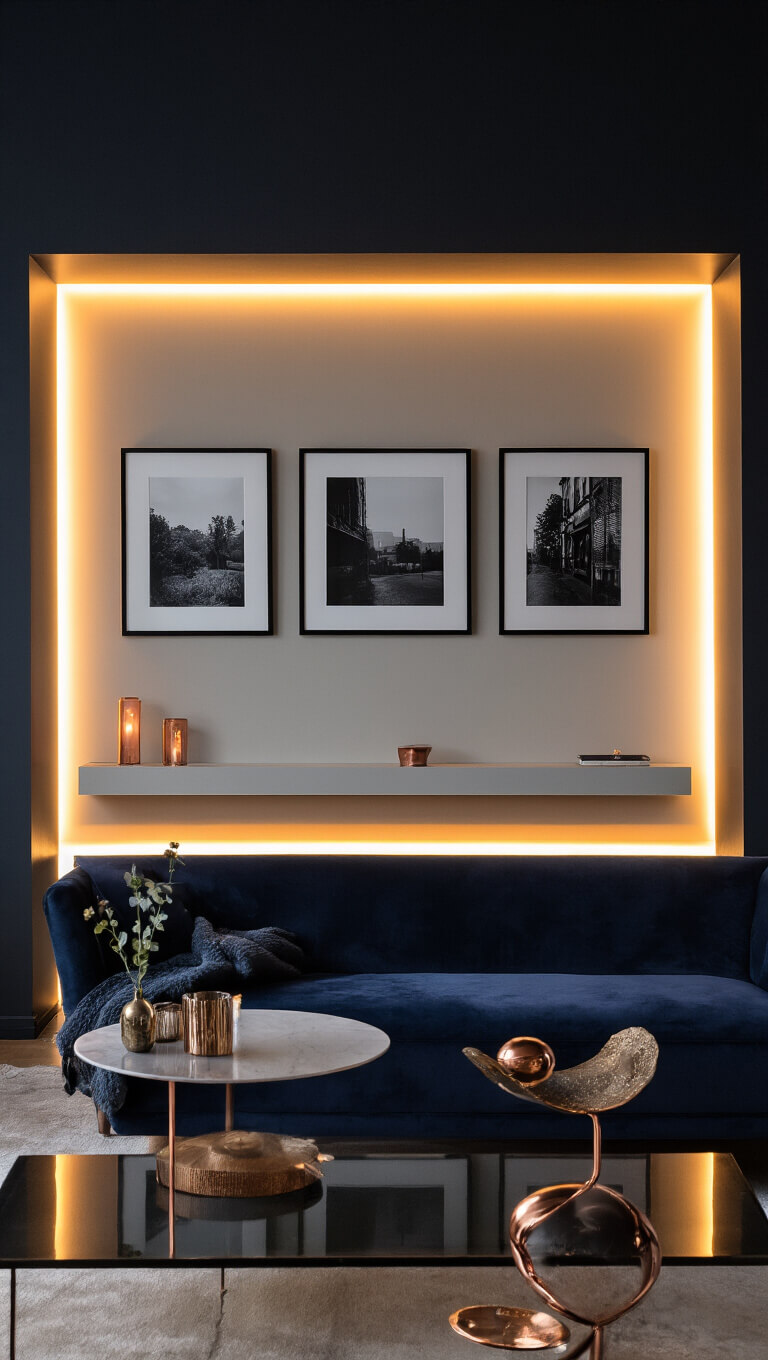 Eye-level view of a cozy evening living room with a warmly lit 10-foot accent wall, floating media console, navy velvet sofa, and black-and-white photo triptych under soft ambient lighting with copper and brass highlights.