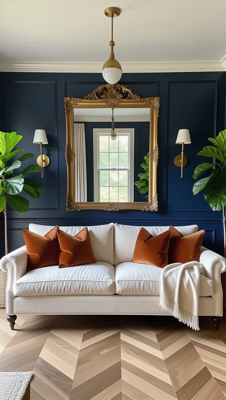 Elegant navy-walled interior with antique gilt mirror, brass sconces, cream bouclé sofa, rust velvet pillows, and herringbone floors.