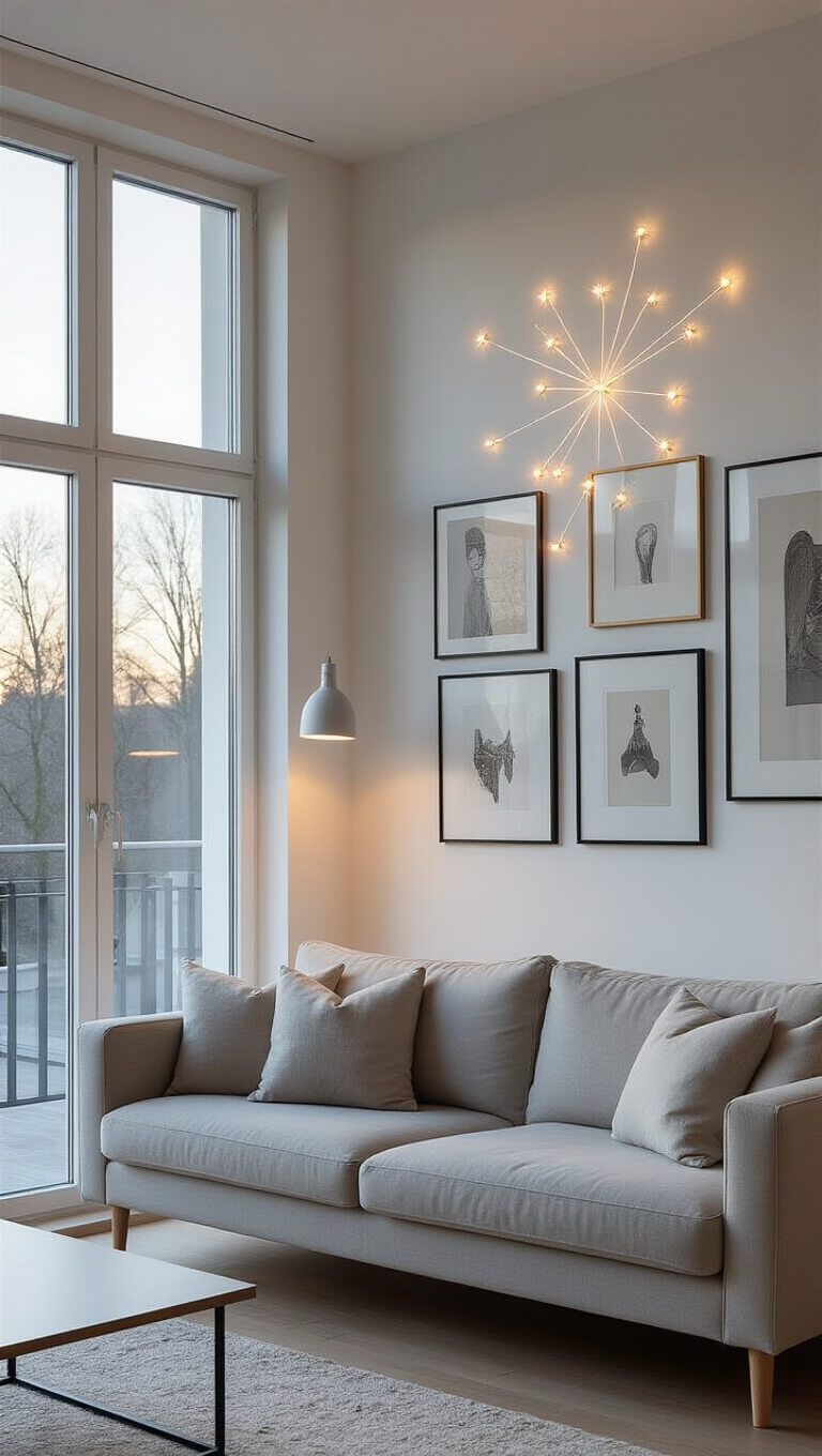 Minimalist Scandinavian living room at dusk with large windows, gray sofa, LED puck light installation, mixed metal frame gallery wall, and soft filtered sunlight.