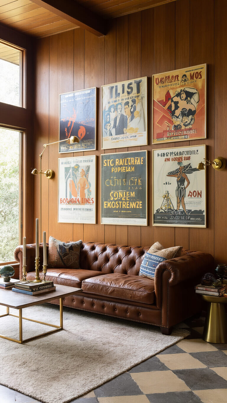 Mid-century modern living room with cognac leather Chesterfield sofa, vintage movie posters, brass sconces, walnut paneling, and geometric cement tile floor.