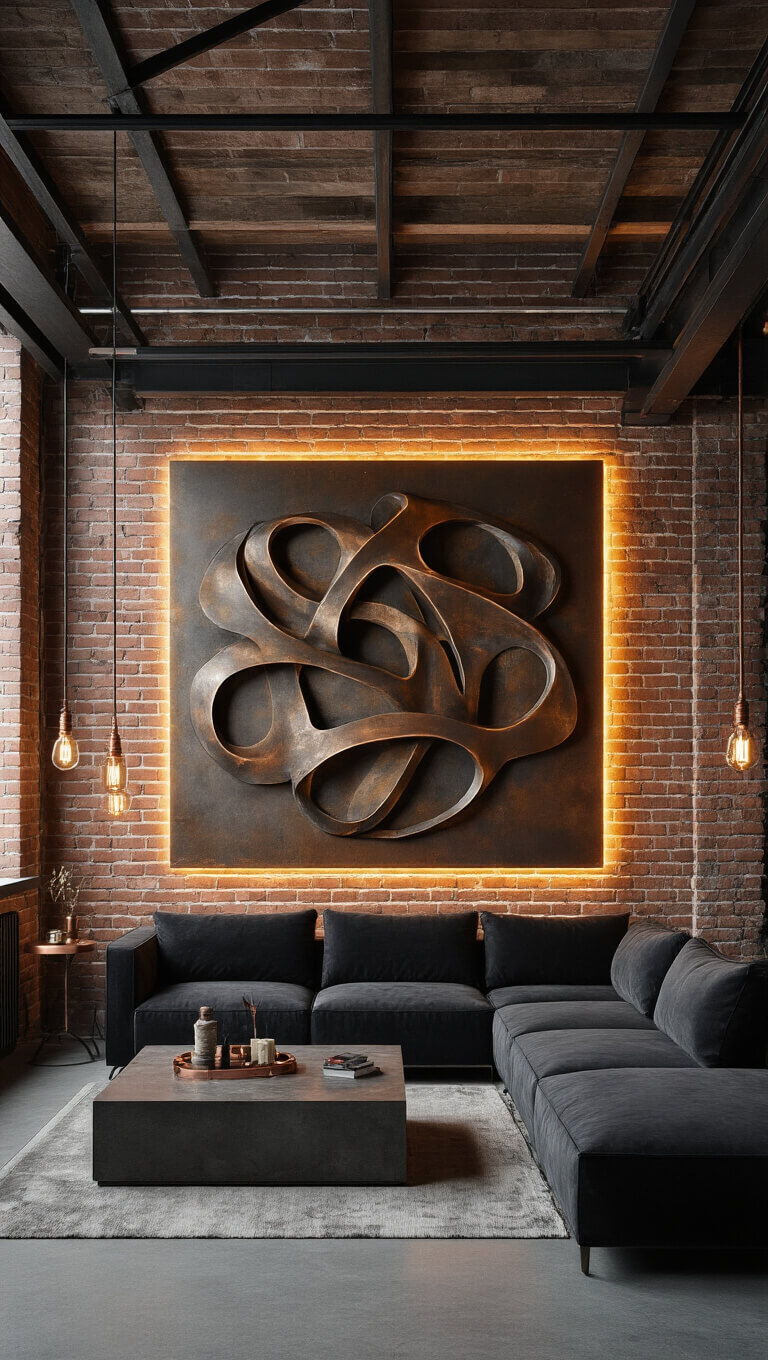 Industrial-style loft living area with exposed brick walls, steel beams, LED-lit abstract metal wall sculpture, charcoal velvet sectional, Edison bulb lighting, and copper and concrete accents, shot with shallow depth of field.