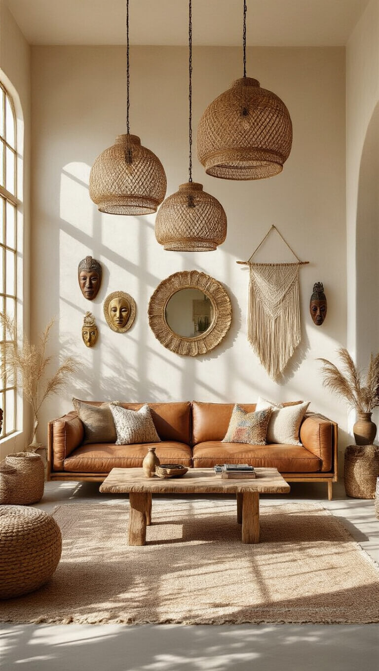 Bohemian living room with rattan lights casting shadows on ivory wall above low leather sofa, eclectic decor includes macramé, tribal masks, and brass mirrors.