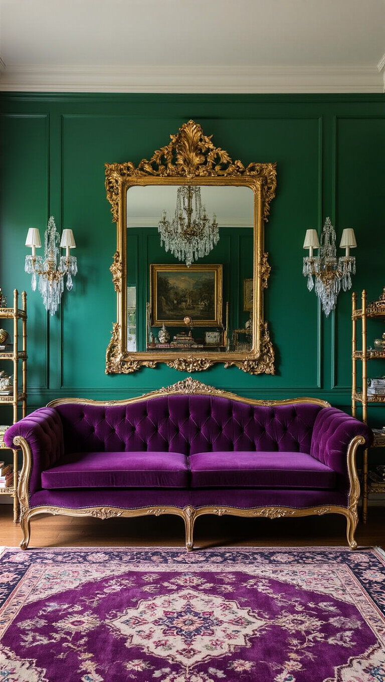 Maximalist living room at twilight with emerald green walls, amethyst velvet sofa, gilded mirror, crystal sconces, Persian rug, Chinoiserie panels, and brass étagères filled with curiosities.