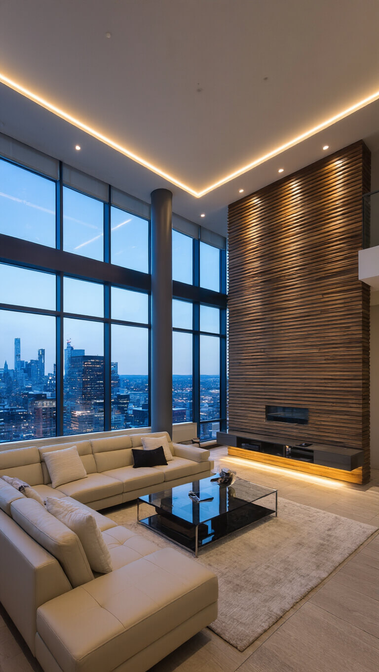 Modern penthouse living room with tall windows, floating wooden slat wall, Italian leather sectional, and LED cove lighting.