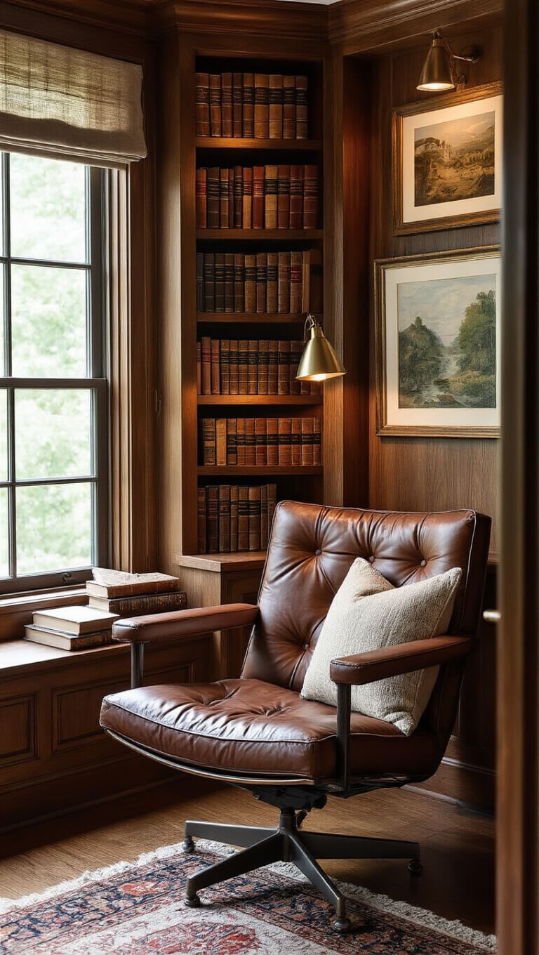 Cozy reading nook with vintage leather Wassily chair, built-in bookshelves, and brass picture lights above artwork, captured with soft background blur.