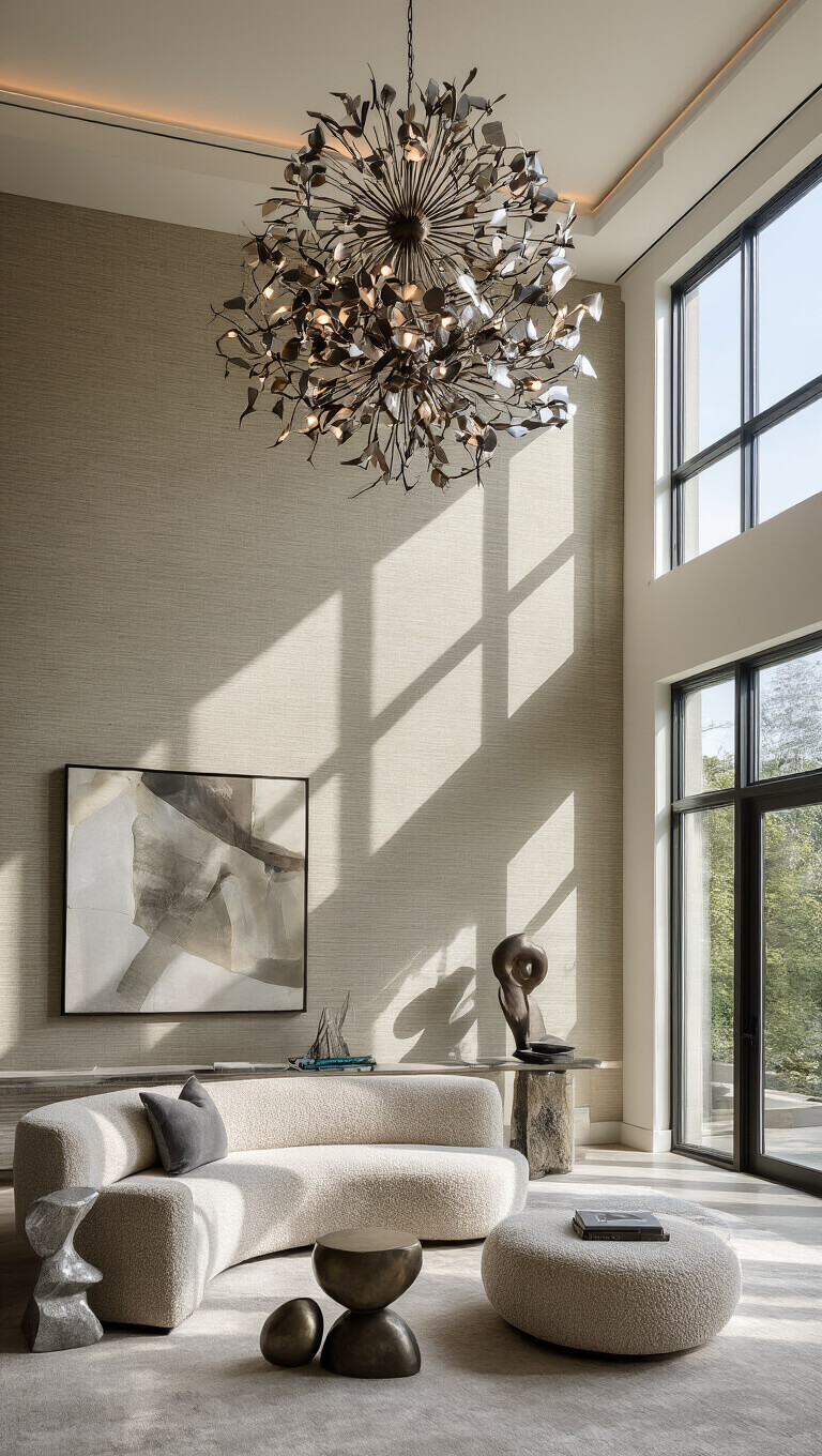 Elevated view of airy modern interior with double-height windows, curved bouclé sofa, dramatic chandelier shadows on grasscloth wall, and sophisticated decor accents.