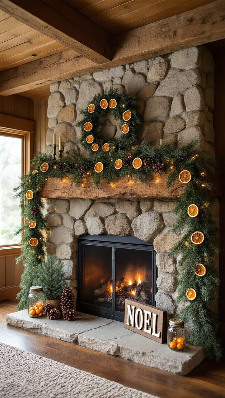 Craftsman-style den with exposed beams, river rock fireplace, pine garland with dried oranges and twinkle lights, vintage mason jars with evergreens, and a rustic 'Noel' sign in warm afternoon light.