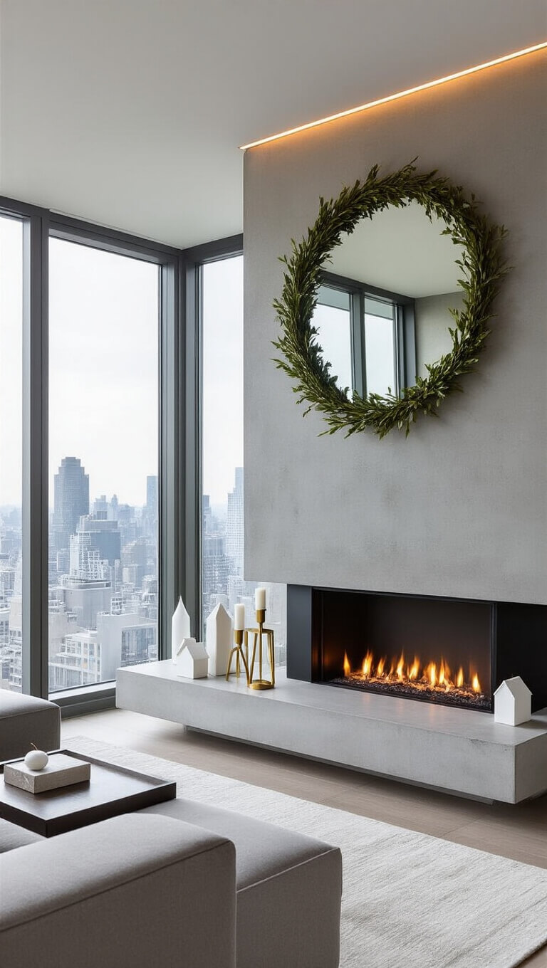 Minimalist penthouse living room with floating concrete fireplace, brass candleholders, olive garland, white ceramic houses, and a large round mirror reflecting cityscape through full-length windows.