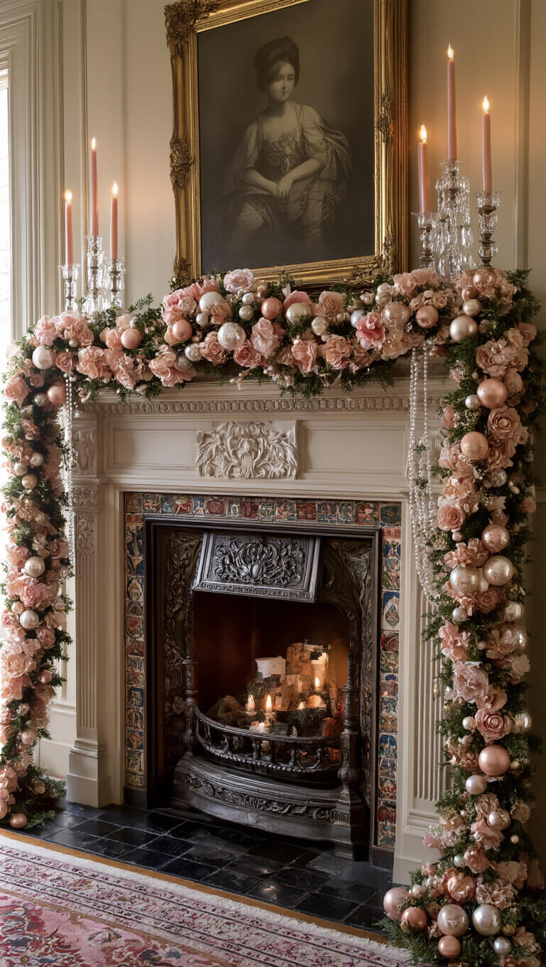 Victorian parlor at dusk with ornate fireplace, blush and champagne garland, mercury glass ornaments, crystal candlesticks, vintage photos, and antique Christmas cards.