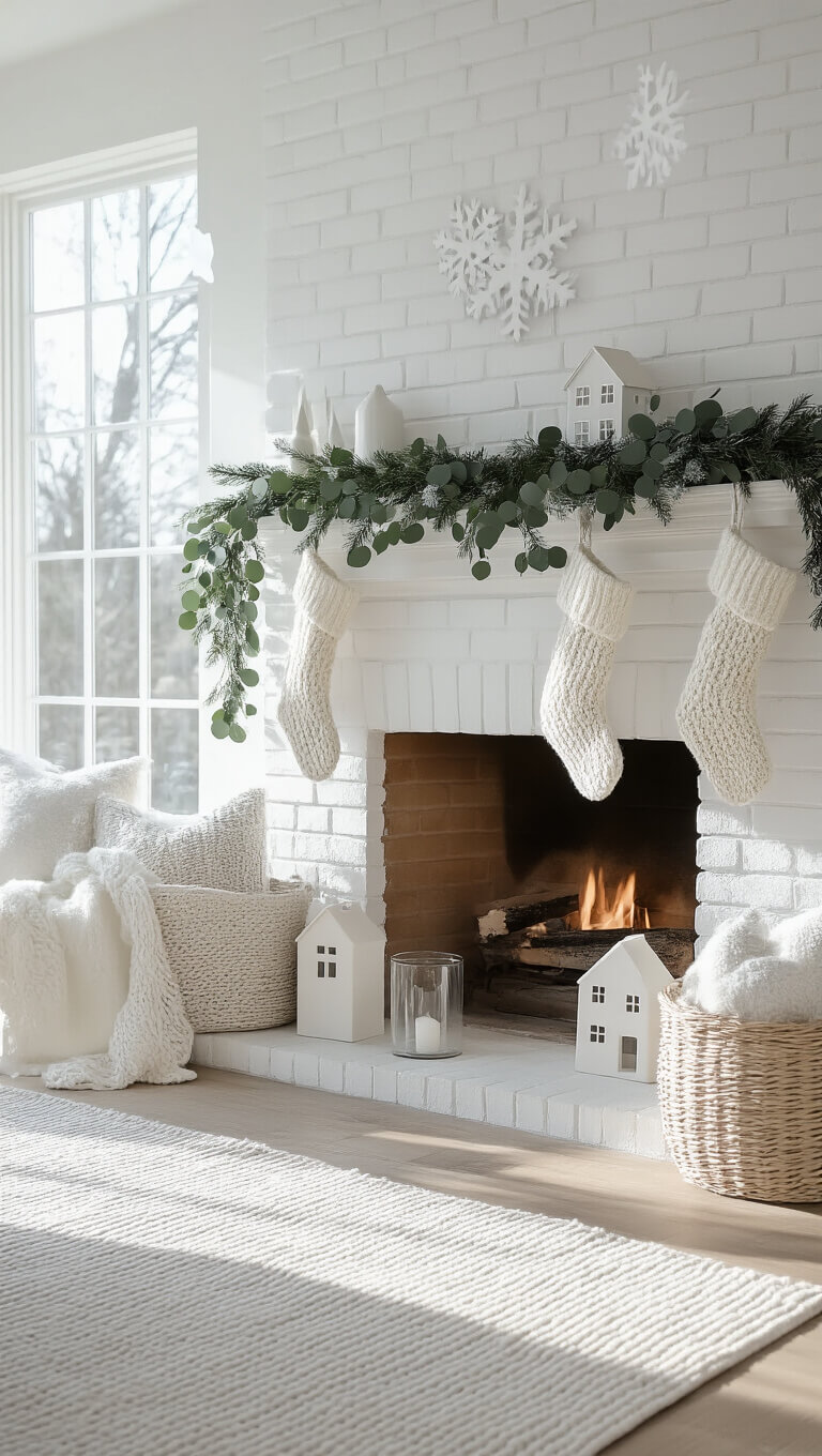 Scandinavian great room with whitewashed brick fireplace, eucalyptus garland, ceramic houses, knit stockings, and paper snowflakes in bright morning light.