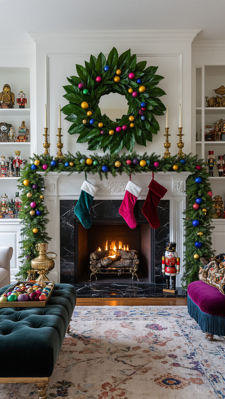 Eclectic living room with black marble fireplace, decorated with magnolia leaf garland, colorful ornaments, rainbow nutcrackers, jewel-toned velvet stockings, and vintage brass candlesticks, captured at blue hour with dramatic side lighting.