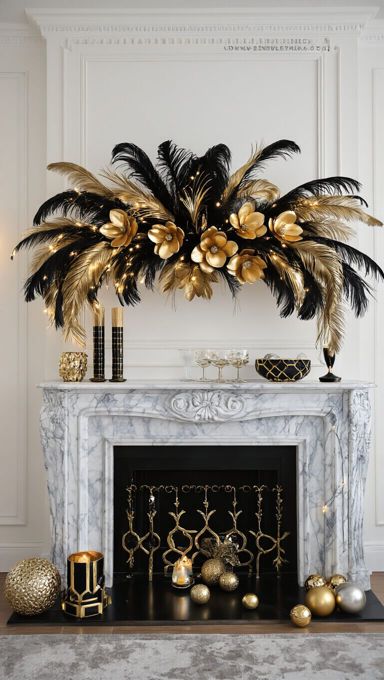 Art deco formal living room at midnight with marble fireplace, gold magnolia garland, ostrich feathers, twinkling lights, crystal accents, and black and gold decor.