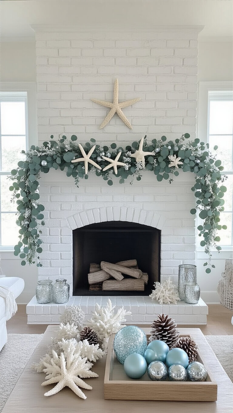 Coastal living room with whitewashed brick fireplace, eucalyptus and starfish garland, and seaside holiday decor in soft afternoon light.