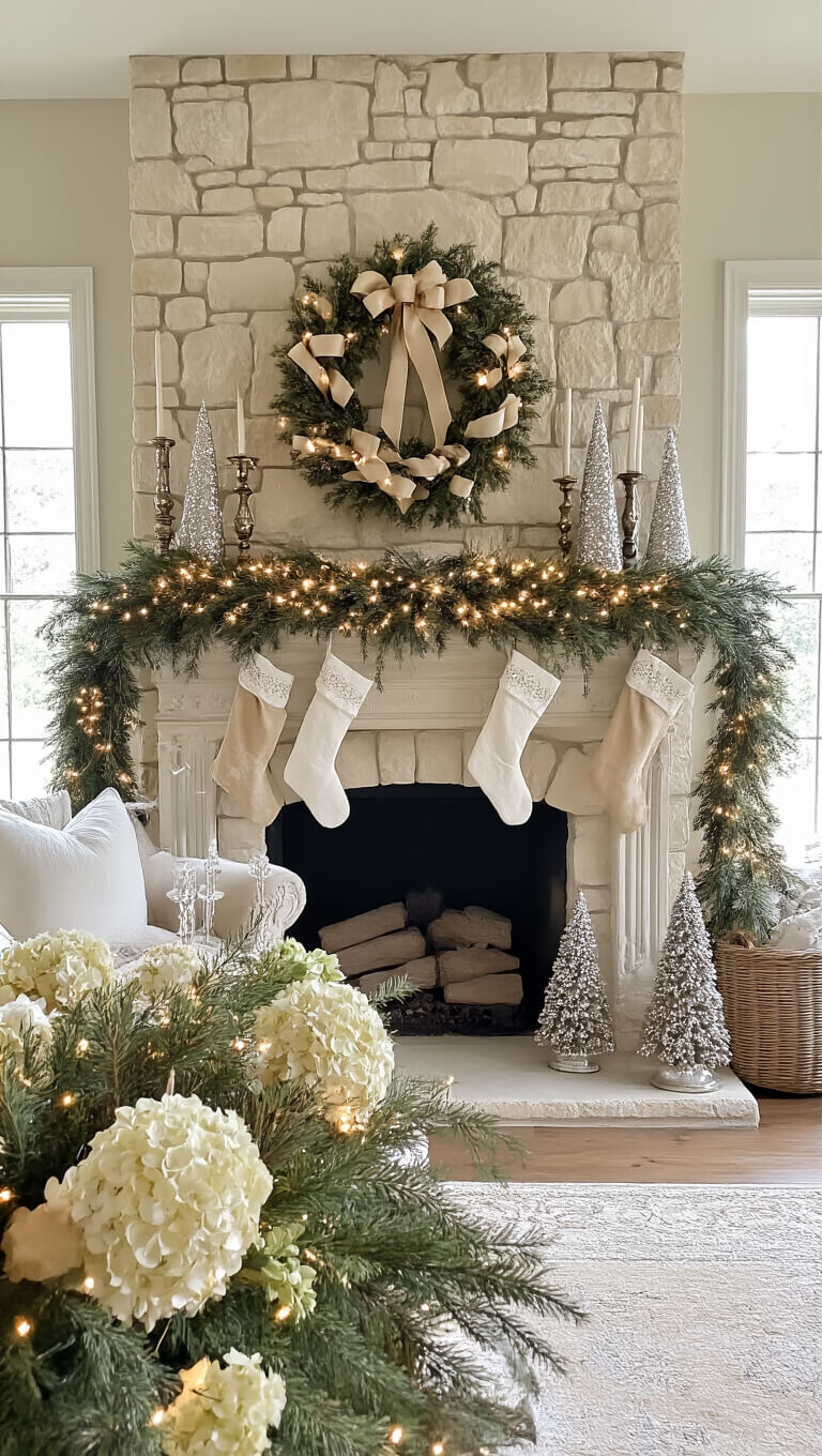 French country family room with limestone fireplace, decorated with pine and cedar garland, vintage ribbon, dried hydrangeas, white lights, antique candlesticks, mercury glass trees, and cream lace-trimmed stockings in soft morning light.
