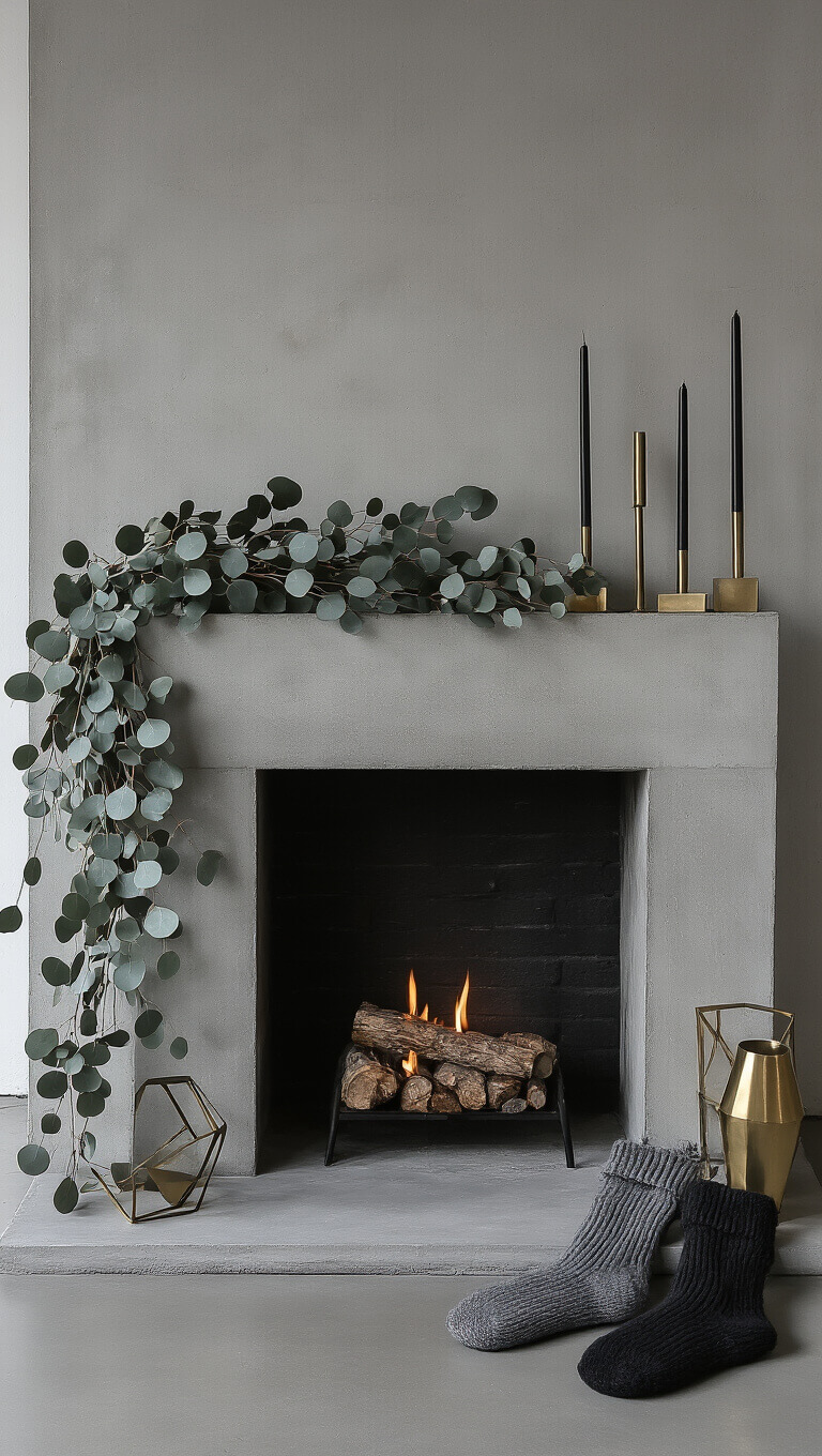 Industrial loft at night with concrete fireplace, minimalist eucalyptus and olive branch garland, geometric brass decor, black candleholders, grey wool stockings, and monochromatic grey palette with metallic accents.