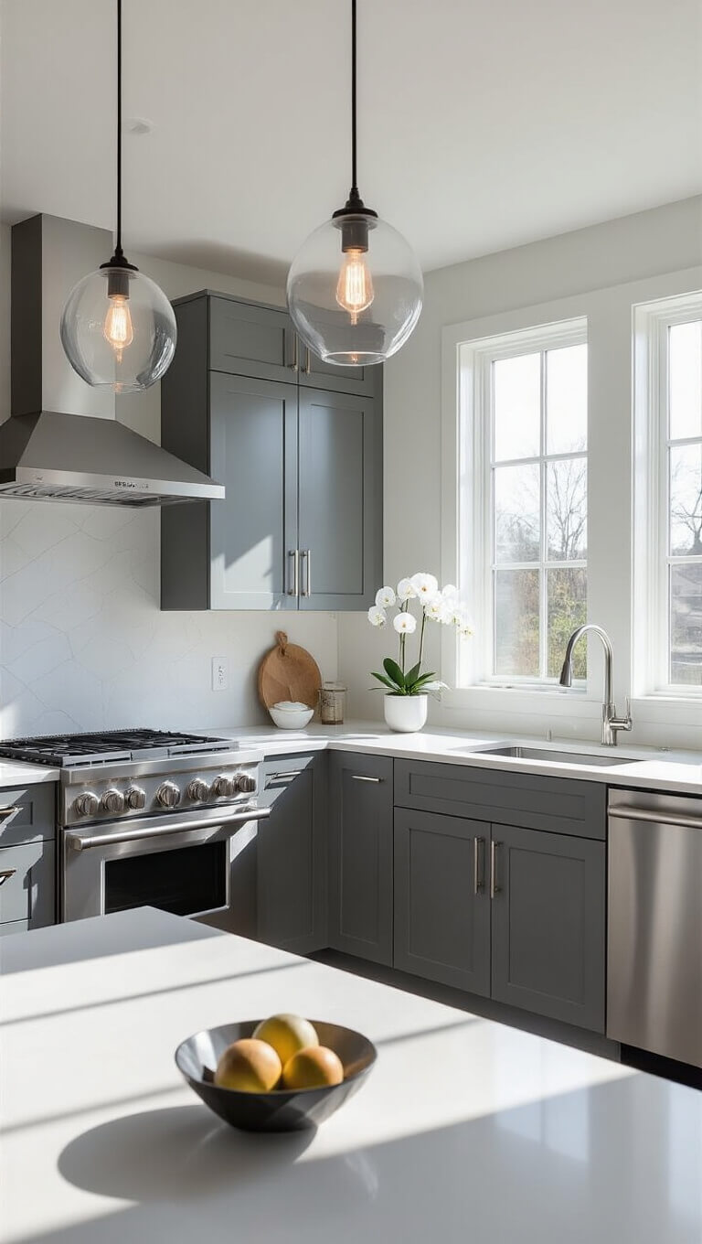 Modern minimalist kitchen with dove gray high-gloss cabinets, white quartz countertops, stainless steel appliances, and clear glass pendant lights over a waterfall island, bathed in morning sunlight.