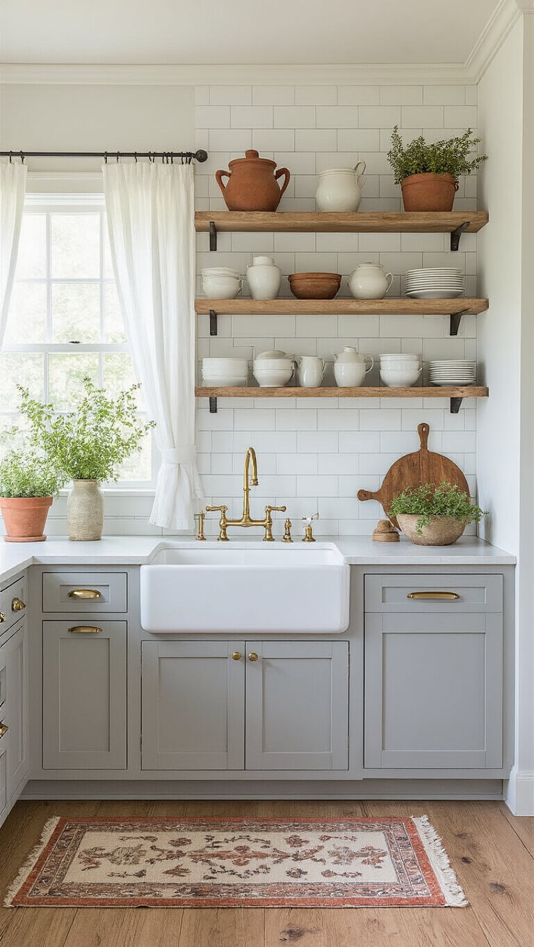 Farmhouse-style kitchen with soft gray shaker cabinets, brass farmhouse sink, white subway tile backsplash, vintage runner, and oak open shelving lit by golden hour sunlight.