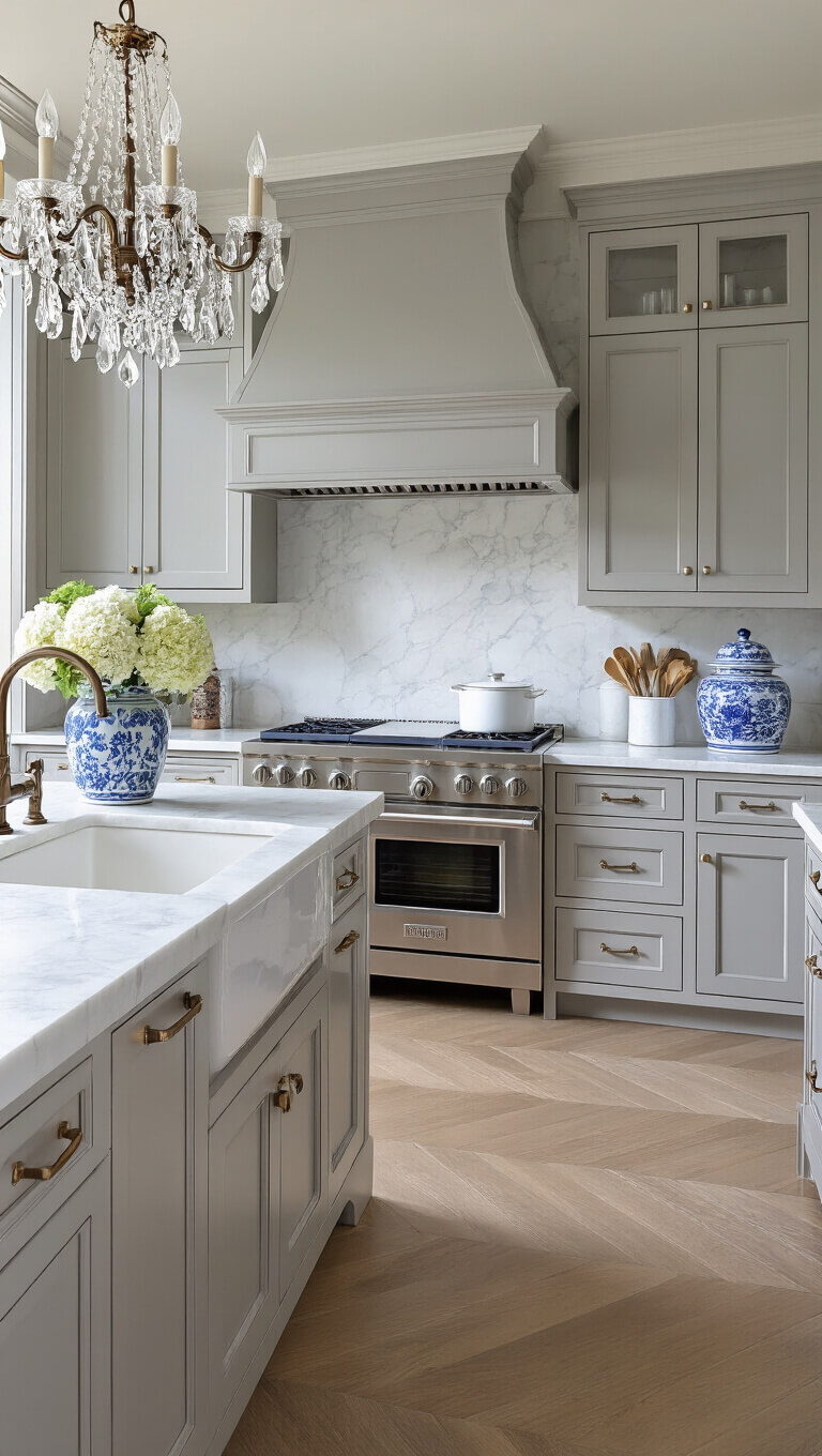 Transitional 15x16ft kitchen with medium gray cabinets, marble countertops, crystal chandelier, brushed nickel range hood, white oak herringbone floors, and blue-and-white ginger jar decor.