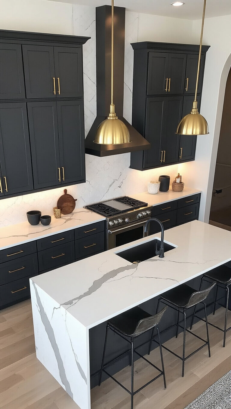 Modern 13x17ft kitchen with charcoal gray cabinets, black hardware, under-cabinet LEDs, waterfall quartz island, ghost stools, brass pendant lights, and moody geometric lighting.