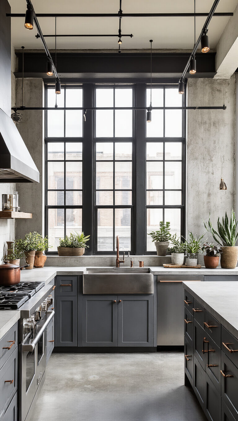 Industrial-modern kitchen with gunmetal gray cabinets, concrete countertops, dramatic track lighting, black steel-framed windows, and mixed metal fixtures in warm gray, matte black, and copper tones.