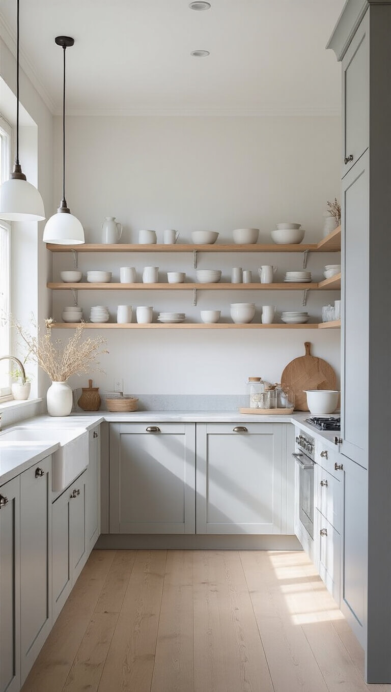 Scandinavian-style 12x14ft galley kitchen with pale gray slab cabinets, blonde wood shelving, white ceramics, light oak floors, and frosted glass pendant lights in cool morning light.