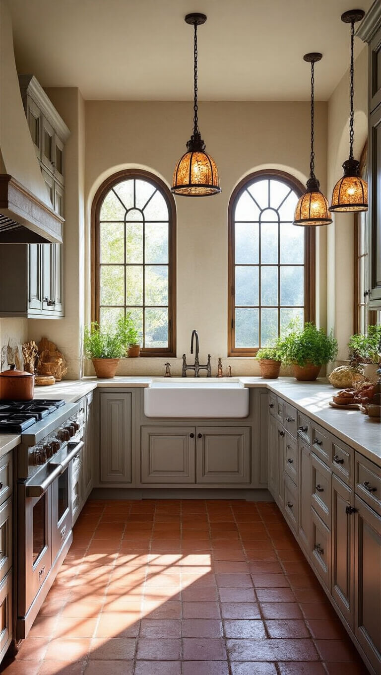 Mediterranean-style 14x16ft kitchen with warm gray carved cabinets, terra cotta tile floor, arched windows casting dramatic shadows, wrought iron pendant lights, copper cookware, and potted herbs.