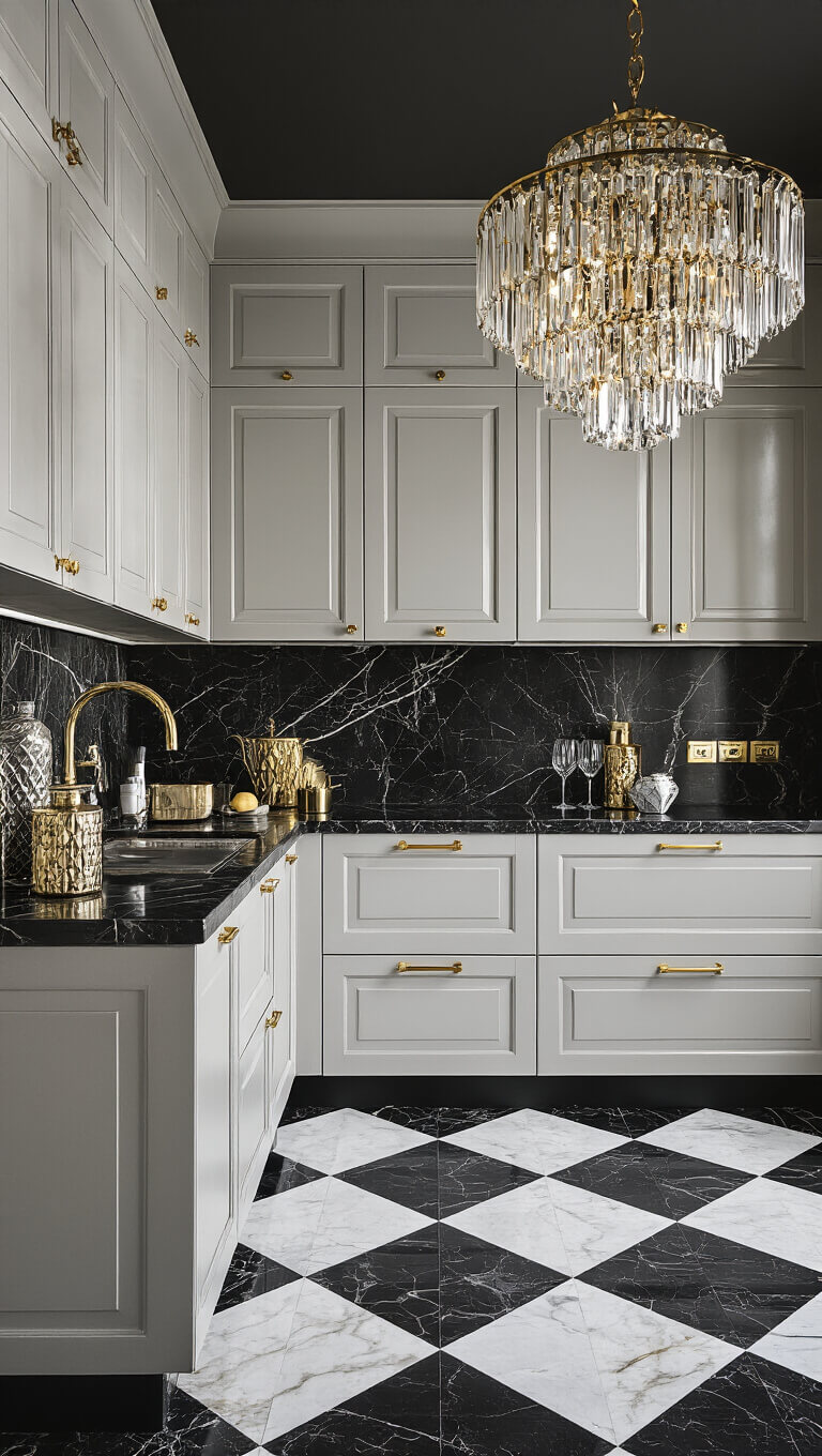 Art Deco kitchen with pearl gray cabinets, gold hardware, black and white marble floor, and crystal brass chandelier.