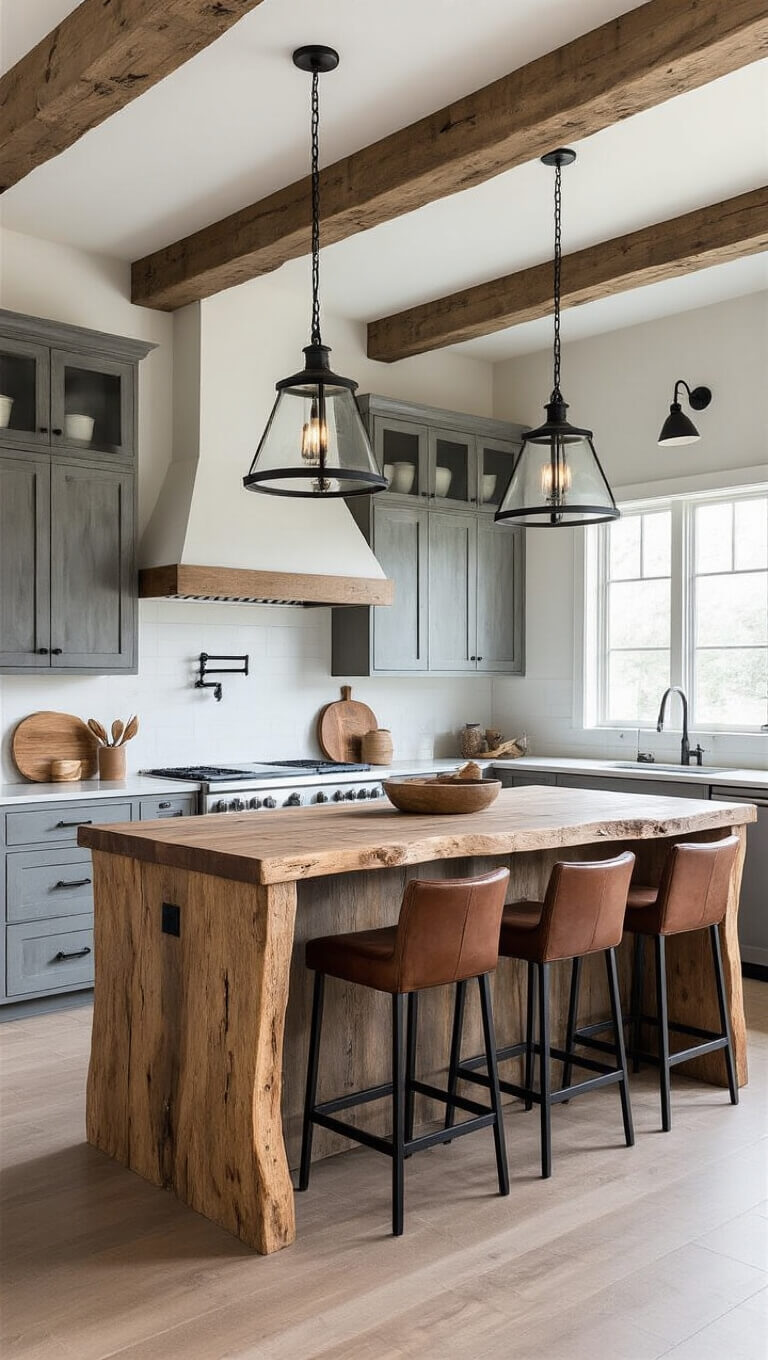 Modern-rustic 16x18ft kitchen with weathered gray cabinets, exposed wooden ceiling beams, live-edge wood island, leather barstools, and iron-glass pendant lights in morning light.