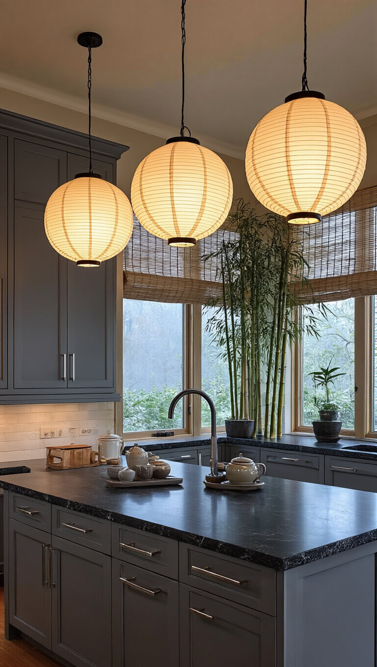 Asian-fusion kitchen with slate gray cabinets, black granite waterfall countertops, paper lantern lighting, and bamboo accents at dusk.