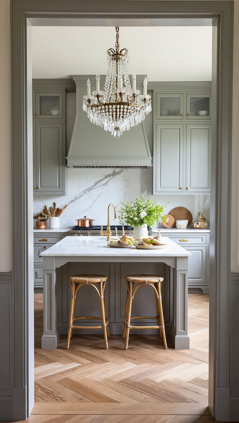 French provincial kitchen with dove gray cabinets, marble island under crystal chandelier, herringbone wood floors, antique brass hardware, copper cookware, and fresh flowers.