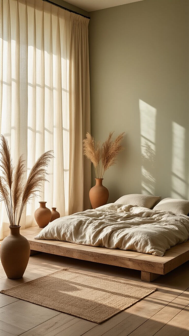 Zen-inspired 14x16' studio at golden hour with sheer curtains, oak floors, a low platform bed, earth-toned ceramics, and pampas grass casting soft shadows in warm natural light.