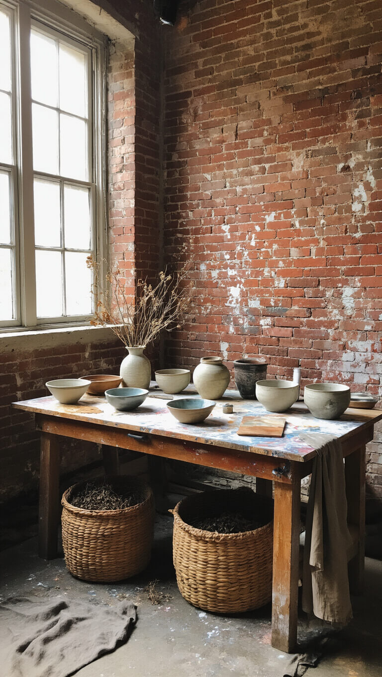 Cozy 10x12 artist studio with exposed brick wall, vintage wooden workbench holding ceramic bowls, dried botanicals in a basket, and paint-stained drop cloths in soft morning light.