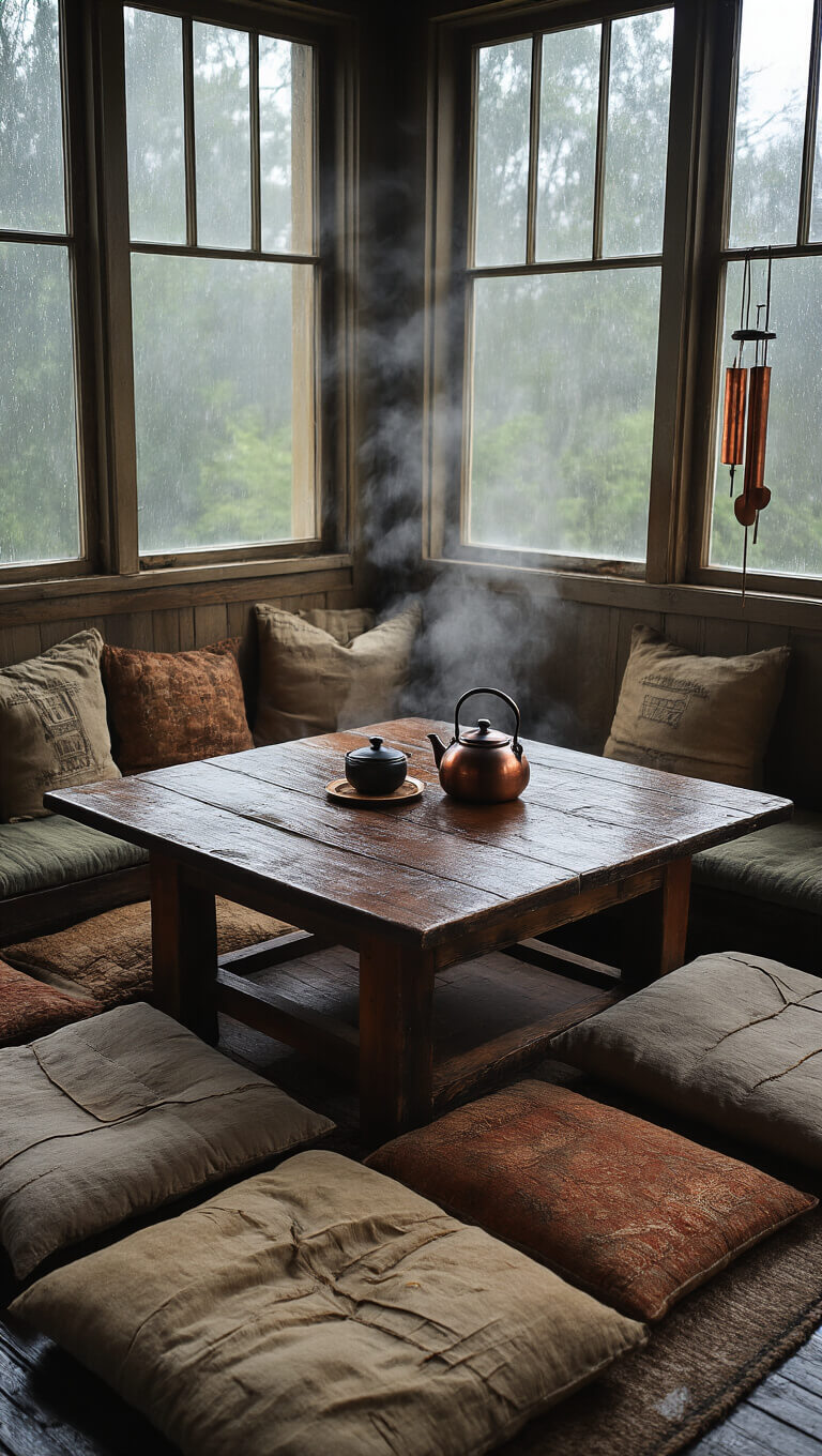 Cozy 8x10' tea room with vintage floor cushions, steaming iron kettle on distressed wooden table, soft grey light through rice paper screens, and gently swaying copper wind chimes during afternoon rain.