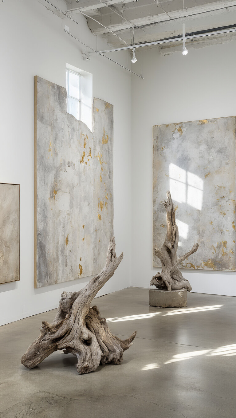 Bright, airy 16x20' gallery with weathered white walls, abstract wabi-sabi art, dramatic driftwood sculpture, and polished concrete floors under soft midday light.