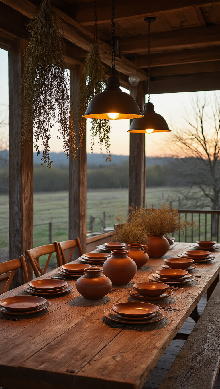 Warm, rustic 12x14' dining room at dusk with a worn wooden farm table, hand-thrown pottery plates, dried herbs on exposed beams, and vintage pendant lights casting cozy light.