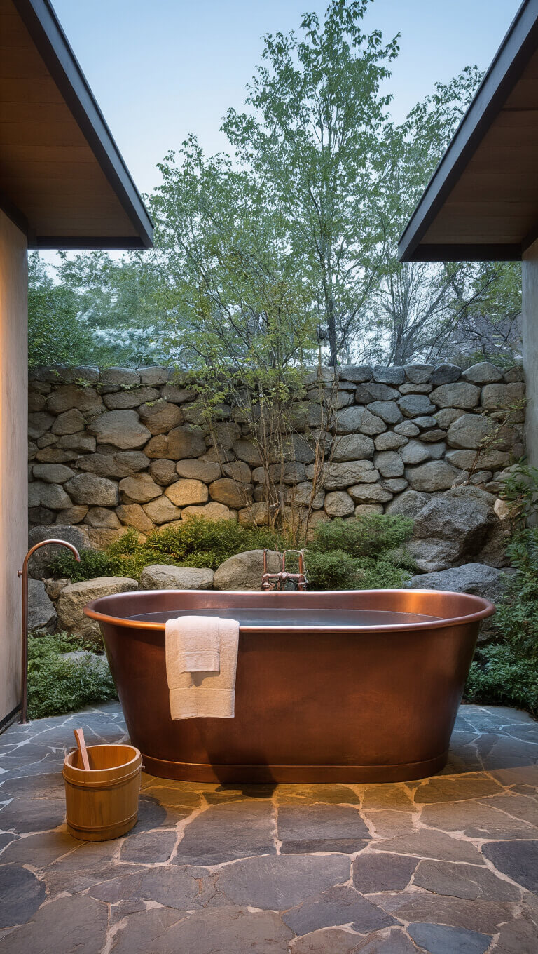 Low-angle view of a tranquil 15x18' bathroom at twilight featuring a patinaed copper freestanding tub, stone flooring, indoor rock garden, handmade linen towels, and a Japanese soaking bucket in ambient, spa-like lighting.