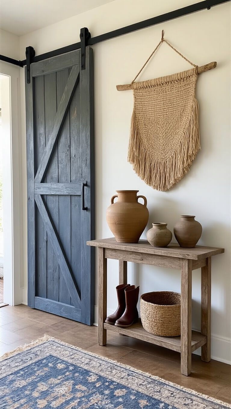 Cozy 9x11' entryway with weathered sliding barn door, vintage console displaying rustic pottery, handwoven wall hanging, and worn boots in soft morning light.