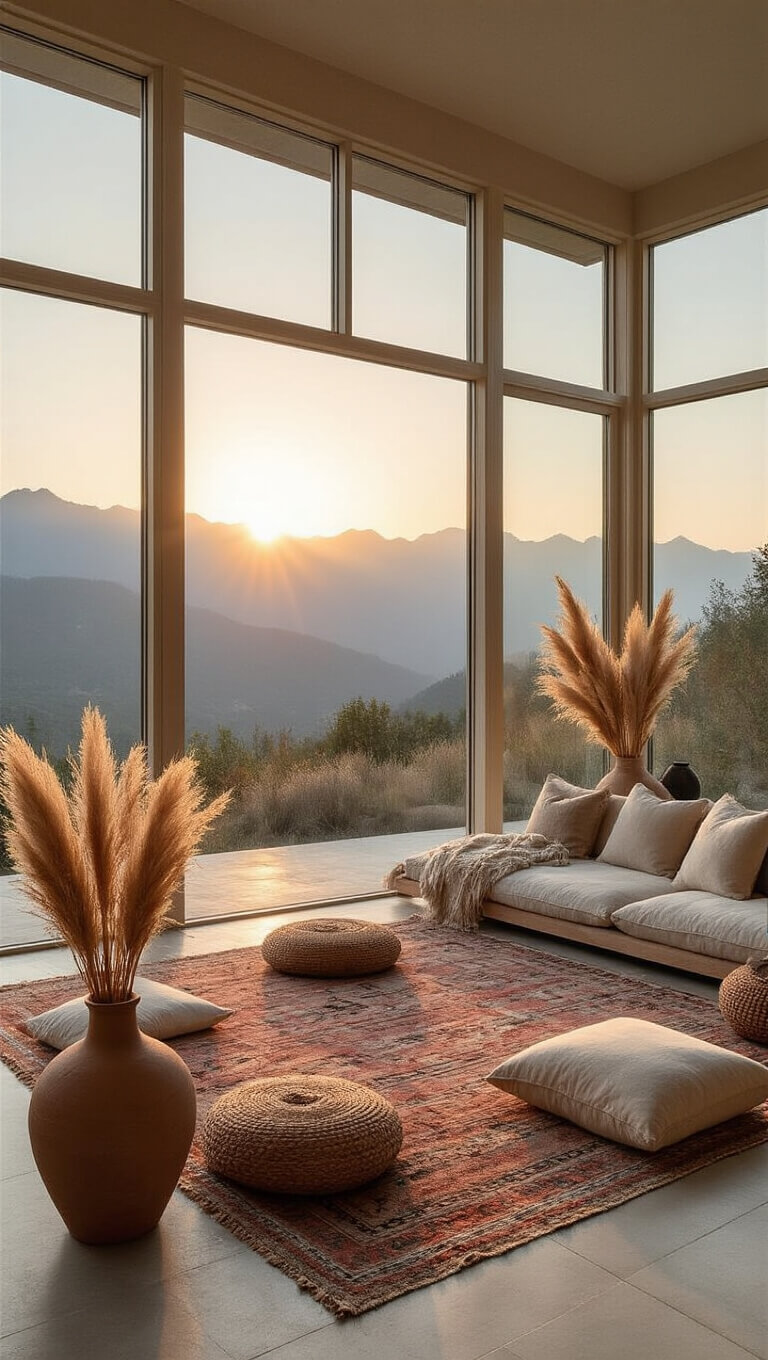 Spacious 20x24' living room at sunset with mountain views through large windows, low-profile linen seating around a vintage kilim rug, pampas grass in ceramic vases, and handmade paper art glowing in golden light.