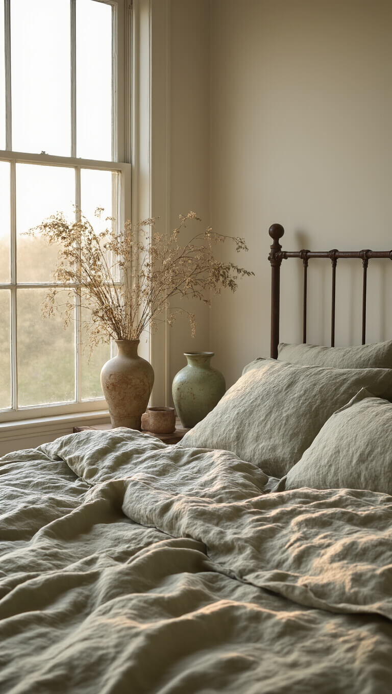 Close-up of a cozy bedroom corner at dawn with a vintage rusted iron bed, rumpled linen bedding in earthy tones, a crackled ceramic lamp, and dried botanicals in a weathered vase, bathed in soft morning light.