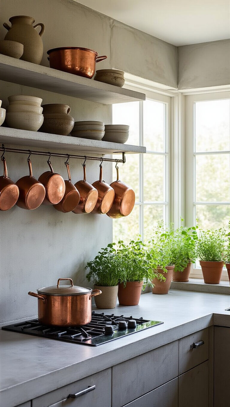 Modern 14x16 kitchen with concrete countertops, open shelves of handmade ceramics, hanging copper pots, and fresh herbs on windowsill in natural midmorning light.