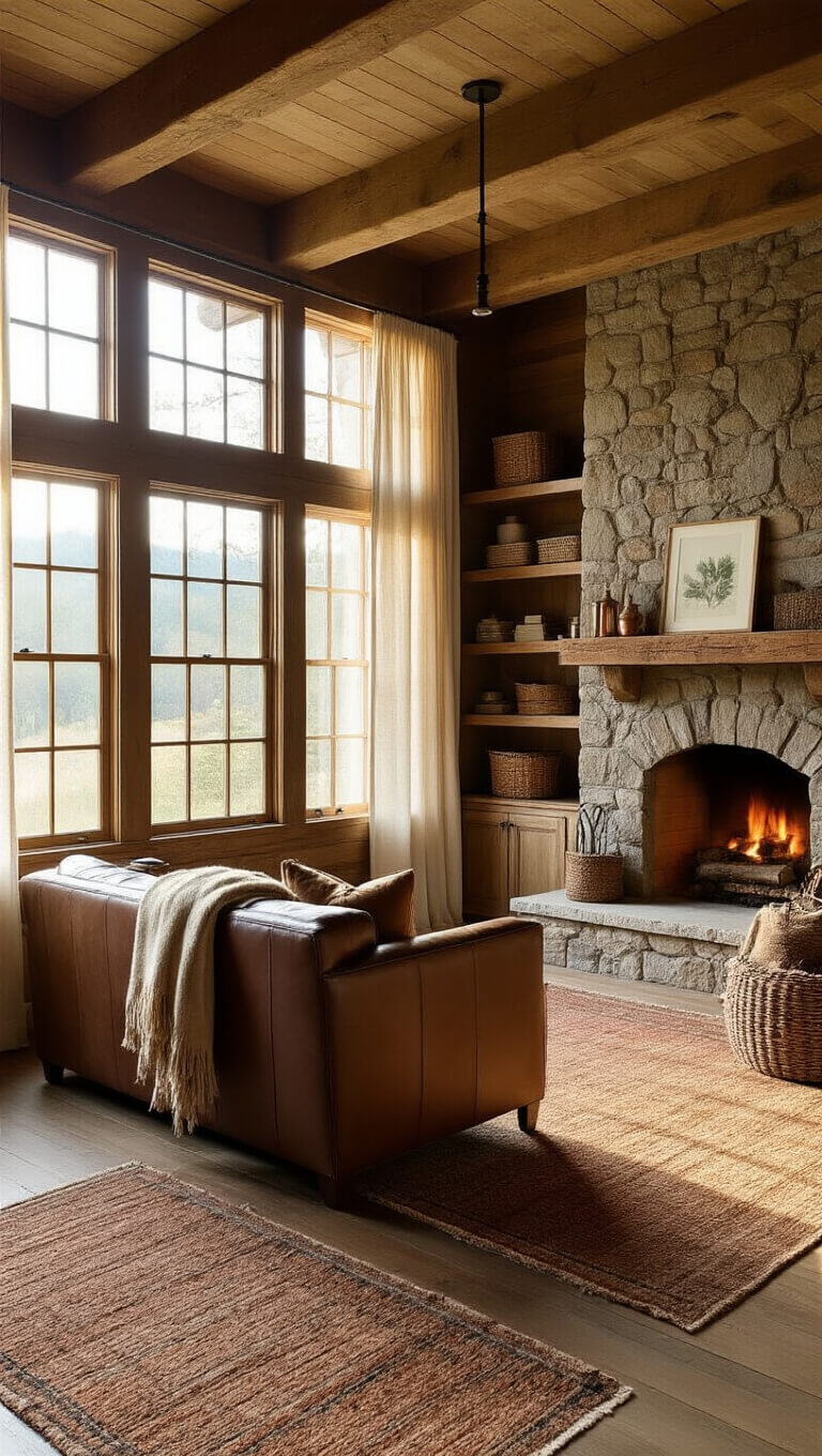 Rustic 12x14ft cabin living area at golden hour with sunlit leather loveseat facing stone fireplace, oak shelves, wool rugs, and copper lanterns.