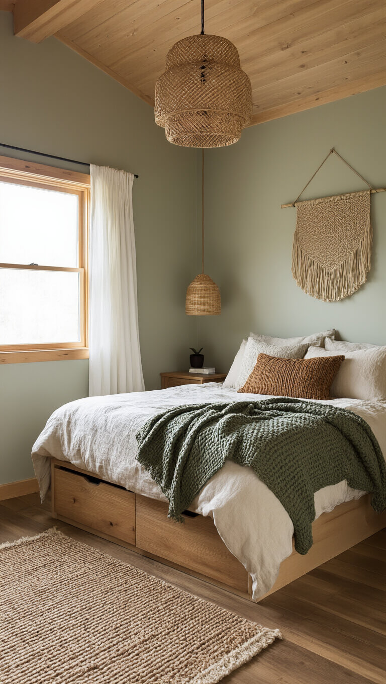 Cozy 10x12ft cabin bedroom at dawn with queen bed, earthy layered bedding, floating nightstands, jute rug, woven wall hanging, and rattan pendant light bathed in soft morning light.