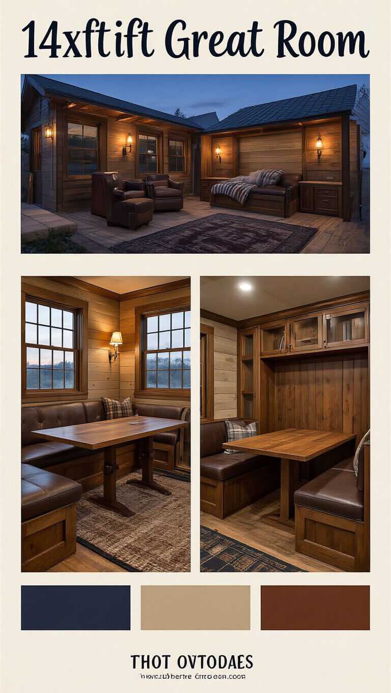 Cozy 14x16ft cabin great room at dusk with soft iron sconce lighting, concealed Murphy bed, convertible dining table, built-in window seats, and rustic textures in navy, cognac, and aged wood.