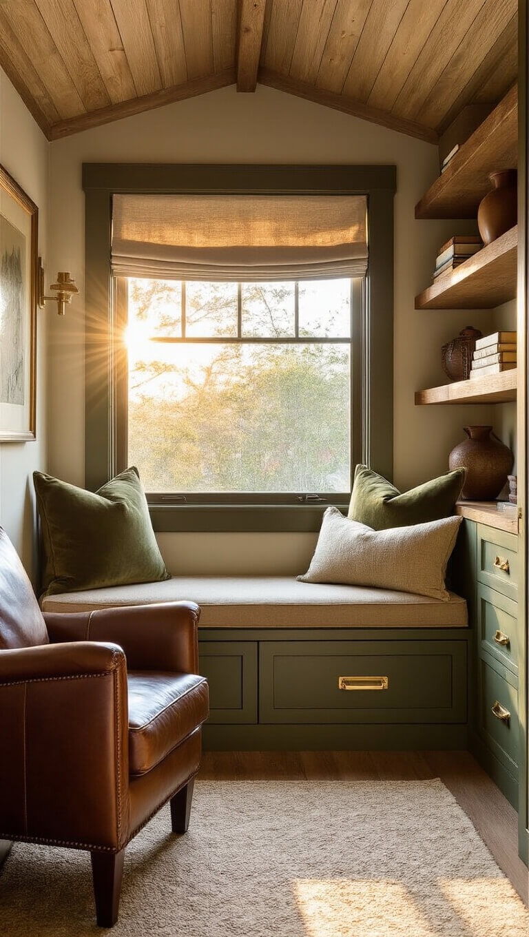Cozy 6x8ft cabin reading nook at sunset with warm light through western window, Roman shade, window seat with drawers, floating shelves, leather chair, velvet cushions, wood paneling, and brass accents in earthy tones.