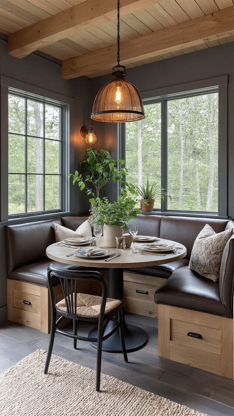 Cozy 8x10ft cabin dining area at blue hour with warm pendant lighting, built-in banquette seating, round pedestal table, vintage chairs, and rustic decor in natural wood, charcoal grey, and cream tones.