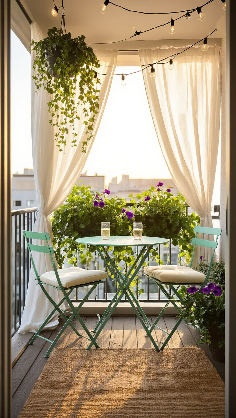 Cozy 6x8ft urban balcony at golden hour with bistro table, mint-green chairs, cascading flowers, string lights, and soft natural lighting.