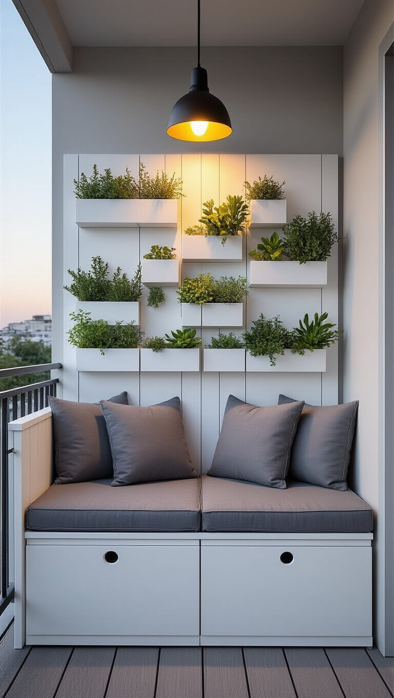 Scandinavian-style 5x7ft balcony at dusk with white bench, gray cushions, vertical garden wall, and warm pendant light.